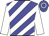 Blue, white diagonal stripes, white sleeves, blue cap, white hoop