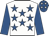 White, royal blue stars, royal blue sleeves, royal blue cap, white stars