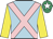 Light blue, pink cross sashes, yellow sleeves, emerald green cap, white star
