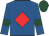 Royal blue, red diamond, royal blue sleeves, dark green armlets, dark green cap