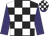 Black and white checks, purple sleeves, black and white checked cap,  purple peak
