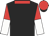 Black, red and white halved sleeves, red collar and cap, black peak