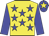 Yellow body, big-blue stars, big-blue arms, big-blue cap, yellow star