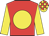 red, yellow ball, yellow sleeves, yellow and red checked cap