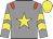 grey, red epaulettes, yellow star, yellow chevrons on sleeves, yellow cap