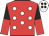Red, white spots, black and red halved sleeves, white cap, black spots