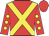 red, yellow cross sashes, yellow spots on sleeves, red cap