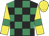 black and emerald green checks, yellow sleeves, emerald green armlets, yellow cap