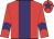 Red body, purple stripe, red arms, purple chevron, red cap, purple star