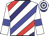 White, red, navy and blue diagonal stripes, white sleeves, blue armlets, hooped cap, navy peak