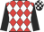 Red and white checked diamonds, black sleeves, checked cap, black peak