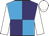 Turquoise blue and purple quartered, white sleeves and cap