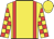 Yellow, red braces, checked sleeves, yellow cap