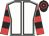 White, black seams, red and black hooped sleeves, black and red hooped cap