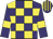 Purple and yellow check, purple sleeves, yellow armlets, striped cap