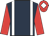 Dark blue, white braces, red sleeves, red cap, white diamond