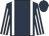 Dark blue, white braces, striped sleeves, dark blue cap