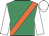 Emerald green, orange sash, white sleeves & cap