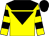 yellow, black yoke, black inverted triangle, hooped sleeves, black cap