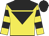 yellow, black yoke, black inverted triangle, hooped sleeves, black cap