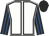 White, black seams, black and royal blue striped sleeves, black cap