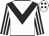 White, black chevron, black and white striped sleeves, white cap, black diamonds
