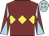 Maroon, yellow triple diamond, maroon and light blue diabolo on sleeves, light blue cap, yellow diamonds