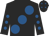 Black, large royal blue spots, royal blue spots on sleeves, black cap, royal blue stars