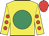 Yellow, emerald green disc, yellow sleeves, red spots, red cap