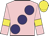 Pink, large purple spots, yellow armlet, yellow cap