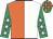 WHITE & ORANGE HALVED, emerald green sleeves, white stars, emerald green & orange check cap