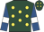 Dark green, yellow spots, royal blue sleeves, white armlet, dark green cap, yellow diamonds