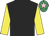 Black, yellow sleeves, emerald green cap, pink star