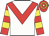 White , red chevron, red and yellow hooped sleeves and cap