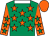 Emerald green, orange  stars, white collar, emerald green stars on orange sleeves,orange cap