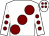 White, large maroon spots, maroon spots on sleeves, white cap, maroon spots