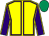 Yellow, purple seams, purple sleeves, yellow seams, emerald green cap