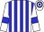 white, blue stripes, white sleeves, blue armlets, blue hoops on cap