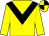 Yellow body, black chevron, yellow arms, yellow cap, black quartered
