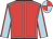 Red, light blue seams, light blue sleeves, red seams, quartered cap
