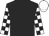 Black, white checked sleeves, white cap