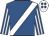 Royal Blue, white sash, stripes on sleeves, white cap, royal blue spots