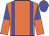 orange, blue braces, blue and orange halved sleeves, blue cap