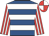 Royal blue, white hoops, red and white striped sleeves, quartered cap