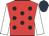 Red, black spots, white sleeves, dark blue cap