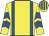 Yellow, royal blue braces, royal blue chevrons on sleeves, striped cap