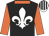 Black, white fleur de lys, orange collar and sleeves, white and black striped cap