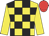 Yellow & black check, yellow sleeves, red cap