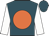 Teal, bright orange spot, white sleeves, teal hoops and bright orange cap, teal spot