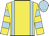 yellow, light blue braces, light blue hoops on sleeves, light blue cap